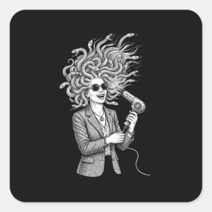 Moderne Medusa Gebruikt Föhn Grappige Mythologie I Vierkante Sticker