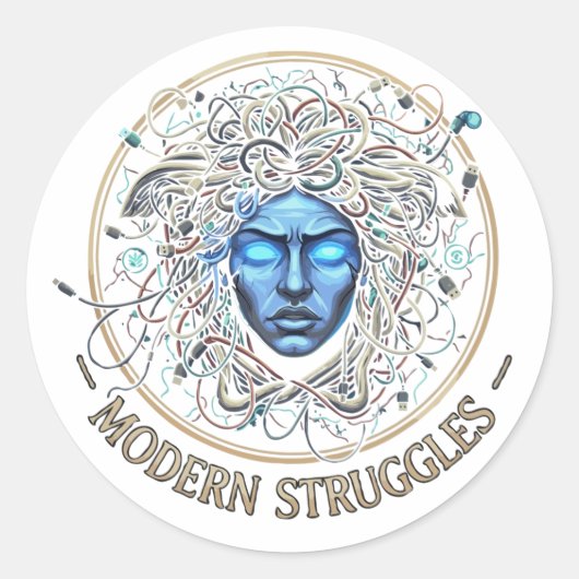 Moderne Medusa Tech Problemen - Cyberpunk Grieks Ronde Sticker (Voorkant)