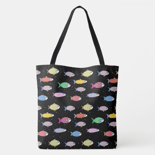 Moderne meerkleurige vis op zwart tote bag (Achterkant)