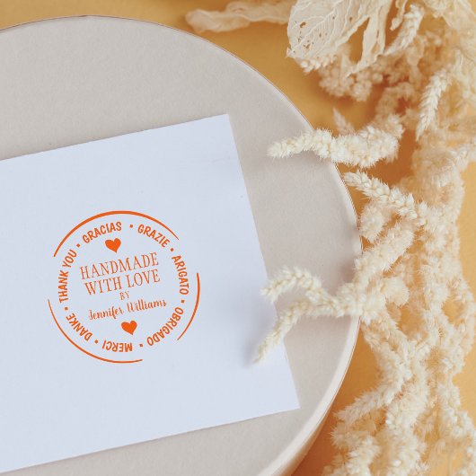 Moderne meertalige dankjewel met liefde gemaakt rubberstempel