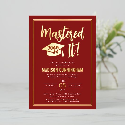 Moderne Meester Afgestudeerd Master's Degree Afstu Folie Uitnodiging (Staand Voorkant)