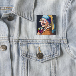 Moderne meisje met een pareloorbel - geïnspireerd vierkante button 5,1 cm