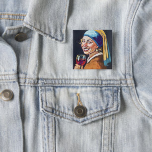 Moderne meisje met een pareloorbel - geïnspireerd  vierkante button 5,1 cm