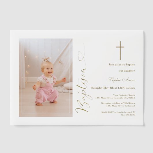 Moderne Meisjes Foto Gouden Kalligrafie Doop Vellum Uitnodigingen (Voorkant)