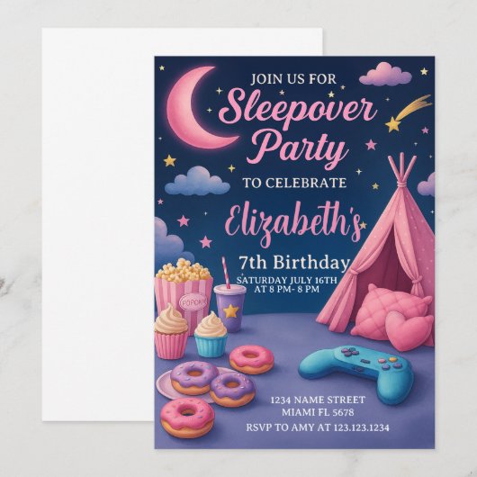 Moderne Meisjes Slumber Party Kaart (Voorkant / Achterkant)