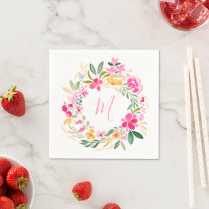 Moderne meisjesachtige monogram bloemige waterverf servet