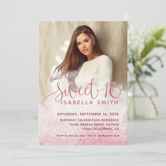 Moderne meisjesachtige roze gouden glitter chic fo kaart (Staand voorkant)