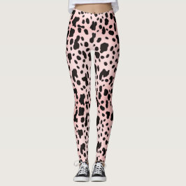 Moderne Meisjesachtige Roze Zwarte Koe Dierenprint Leggings