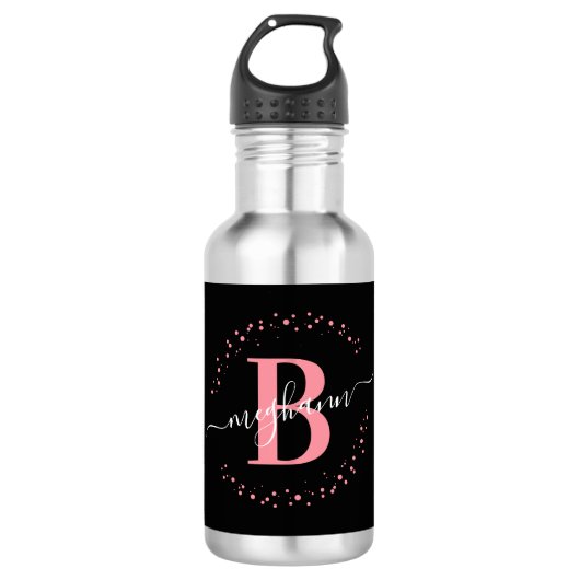 Moderne Meisjesachtige Zwarte Roze Namen Script Mo Waterfles (Voorkant)