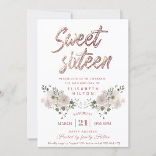 Moderne meisjesbloem Glitter typografie zoet 16 Kaart