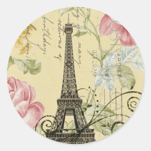 Moderne meisjesbloemige Vintage Paris Eiffeltoren Ronde Sticker (Voorkant)