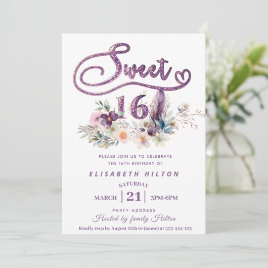 Moderne meisjesboho bloemenglitter typografie kaart (Staand voorkant)