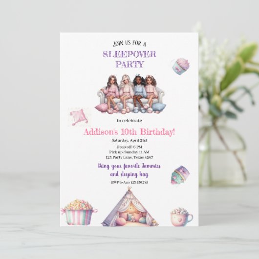 MODERNE MEISJESPYJAMA FEEST UITNODIGING (Staand voorkant)