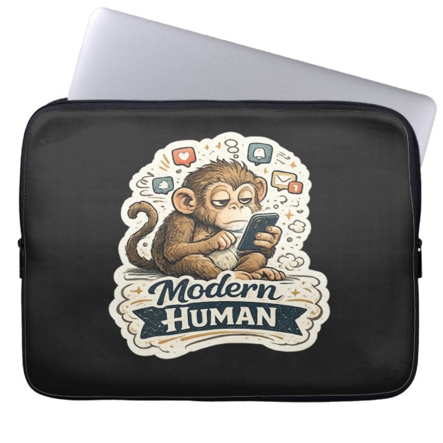 Moderne Mens Funny Monkey Smartphone Sociale Media Laptop Sleeve (Voorkant)