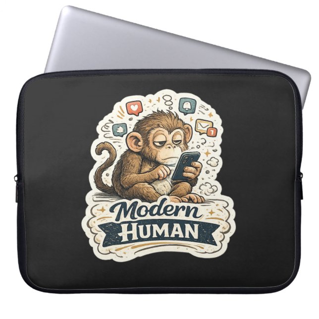 Moderne Mens Funny Monkey Smartphone Sociale Media Laptop Sleeve (Voorkant)