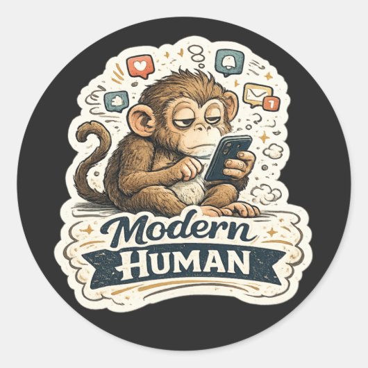 Moderne Mens Funny Monkey Smartphone Sociale Media Ronde Sticker (Voorkant)