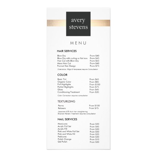 Moderne menu met Gold Striped Black en White Salon (Voorkant)