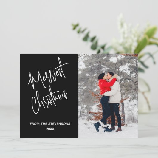 Moderne Merriest Kerstfoto Zwart Feestdagenkaart (Staand voorkant)