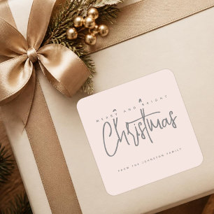 Moderne Merry and Bright Kerst eenvoudige script Vierkante Sticker