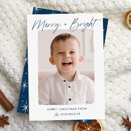 Moderne Merry and Bright Navy Script Foto Feestdagenkaart