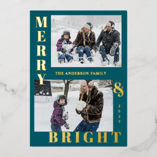 Moderne Merry & Bright 2 Foto Turquoise Elegant Folie Feestdagenkaart