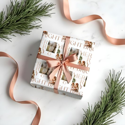 Moderne Merry Bright Bold Typografie 2 Foto Wit Cadeaupapier