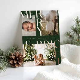 Moderne Merry Bright Bold Typografie 3 Foto Groen Folie Feestdagenkaart