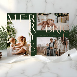 Moderne Merry Bright Bold Typografie 3 Foto Groen Folie Feestdagenkaart