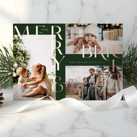 Moderne Merry Bright Bold Typografie 3 Foto Groen Folie Feestdagenkaart