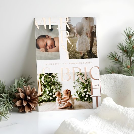 Moderne Merry Bright Bold Typografie 3 Foto Wit Folie Feestdagenkaart