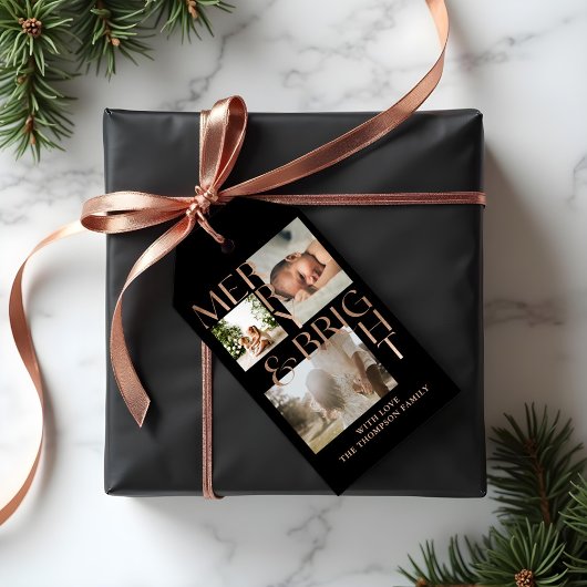 Moderne Merry Bright Bold Typografie 3 Foto Zwart Cadeaulabel