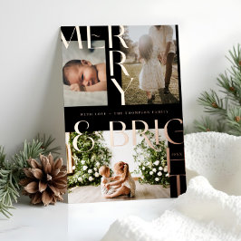 Moderne Merry Bright Bold Typografie 3 Foto Zwart Folie Feestdagenkaart