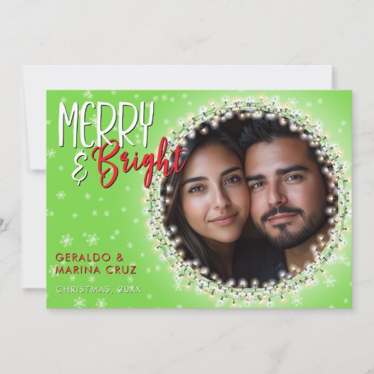 Moderne Merry & Bright Kerstverlichting Groen Feestdagenkaart (Voorkant)