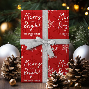 Moderne Merry & Bright Script Sneeuwvlokken Kerstm Cadeaupapier
