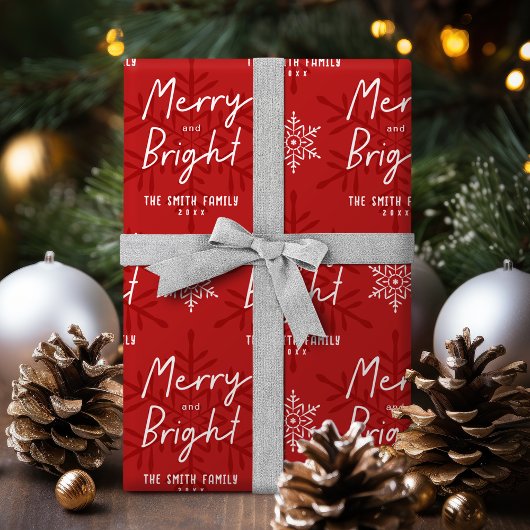 Moderne Merry & Bright Script Sneeuwvlokken Kerstm Cadeaupapier