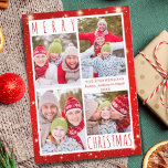 Moderne MERRY CHRISTMAS 4 Foto Collage Red Lights Feestdagenkaart<br><div class="desc">De moderne fotocollage vakantiegroet met 4 afbeeldingen met de groet MERRY CHRISTMAS in moderne hand-briefed typografie tegen een witte en rode achtergrond met lichten en sterren. BIJSTAND: Voor hulp bij ontwerpwijziging of personalisatie, kleurverandering, het formaat wijzigen, het ontwerp overbrengen naar een ander product of als u items wilt coördineren, neemt...</div>