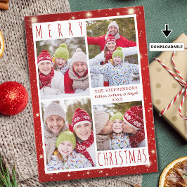 Moderne MERRY CHRISTMAS 4 Foto Collage Red Lights Feestdagenkaart