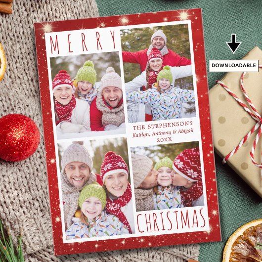 Moderne MERRY CHRISTMAS 4 Foto Collage Red Lights Feestdagenkaart