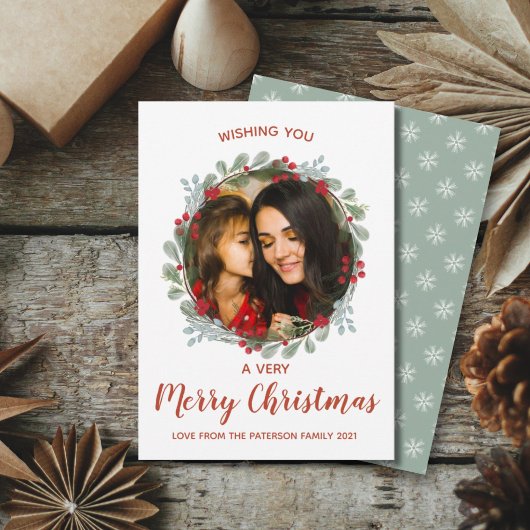 Moderne Merry Christmas Krans Waterverf & Foto Feestdagenkaart