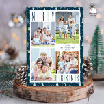 Moderne MERRY CHRISTMAS Photo Collage Trees Feestdagenkaart<br><div class="desc">De moderne vakantiebomen ontwerpen met een gestroomlijnde tekst MERRY CHRISTMAS in twee-toonkleuren blauw en groen tegen een mediterrane blauwe achtergrond. Neem vier foto's en uw aangepaste tekst op de voor- en/of achterzijde (optioneel). FOTO TIP: Selecteer foto's met het onderwerp in het midden of pre-gewas hen in gelijkaardige vormen zoals aangetoond...</div>