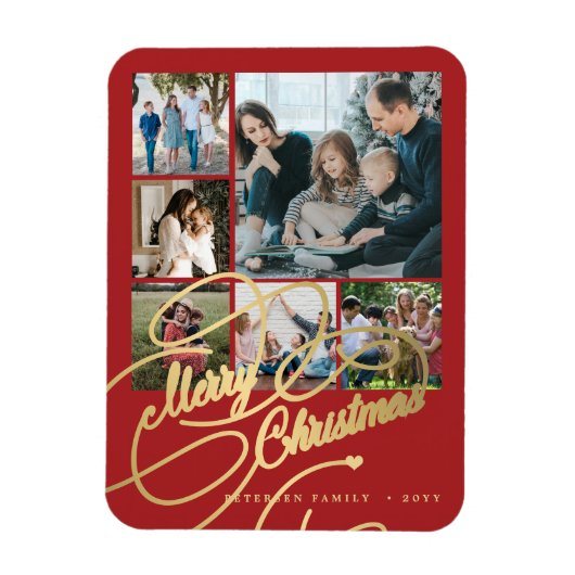 Moderne Merry Christmas rode fotocollage Magneet (Verticaal)