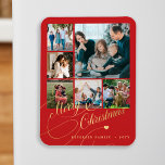 Moderne Merry Christmas rode fotocollage Magneet<br><div class="desc">Elegante stijlvolle Merry Christmas faux gouden klassieke kalligrafie script zes familie foto's rode vakantie feestelijke aandenken magneet met uw aangepaste gepersonaliseerde tekst.</div>