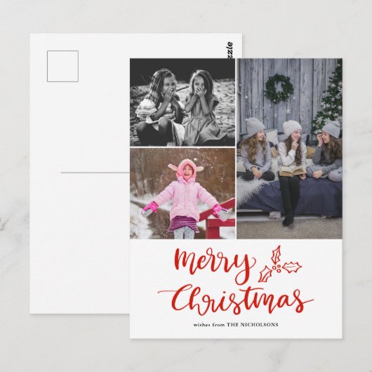 Moderne Merry Christmas Script Collage Foto Briefkaart (Voorkant / Achterkant)