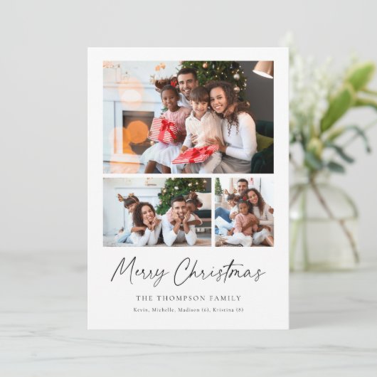 Moderne Merry Christmas Script Fotocollage Feestdagenkaart (Staand voorkant)