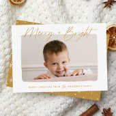 Moderne Merry en Bright Gold Script Foto Feestdagenkaart