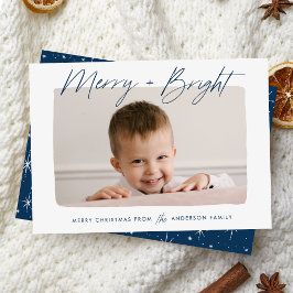 Moderne Merry en Bright Navy Script Foto Feestdagenkaart