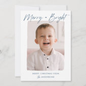 Moderne Merry en Bright Navy Script Foto Feestdagenkaart (Voorkant)