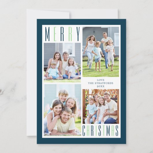 Moderne MERRY KERST Fotocollage Blauw Groen Feestdagenkaart (Voorkant)