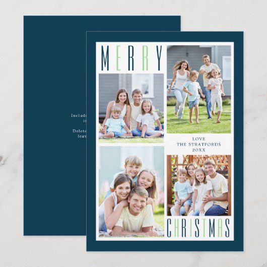 Moderne MERRY KERST Fotocollage Blauw Groen Feestdagenkaart (Voorkant / Achterkant)