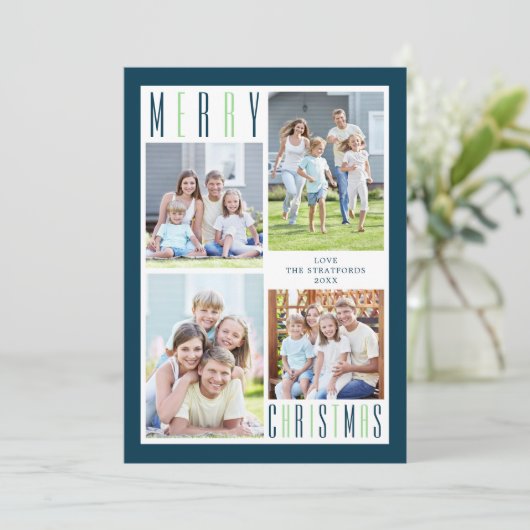 Moderne MERRY KERST Fotocollage Blauw Groen Feestdagenkaart (Staand voorkant)